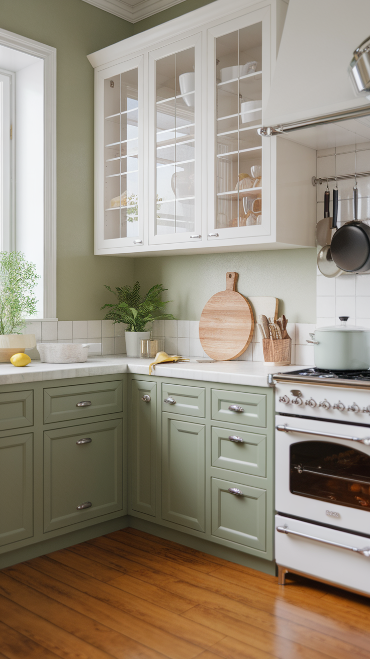 A Scandinavian kitchen showcasing sage green cabinets, white accents, and wooden flooring.