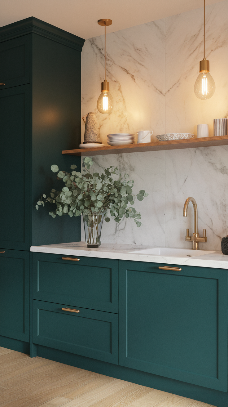 A modern kitchen featuring dark green cabinets with gold hardware and accents.