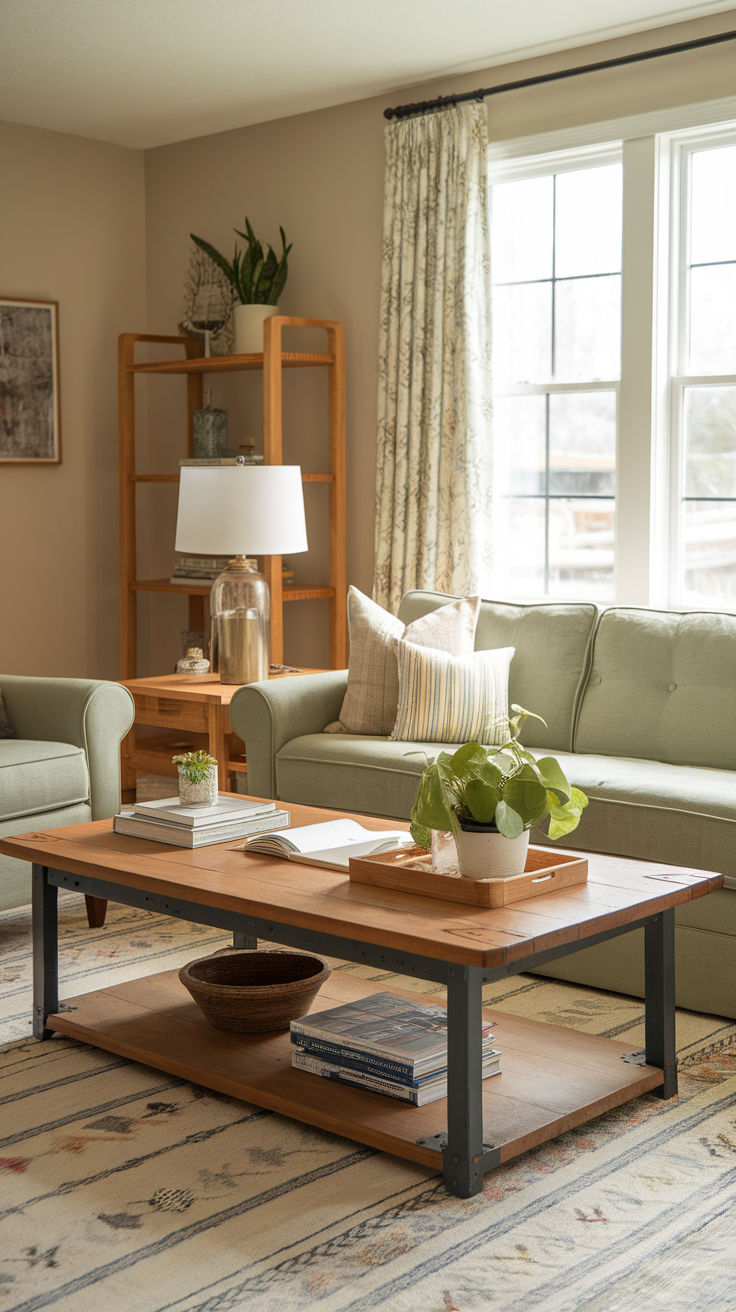 A cozy farmhouse style coffee table in a living room with sage green walls and plants.