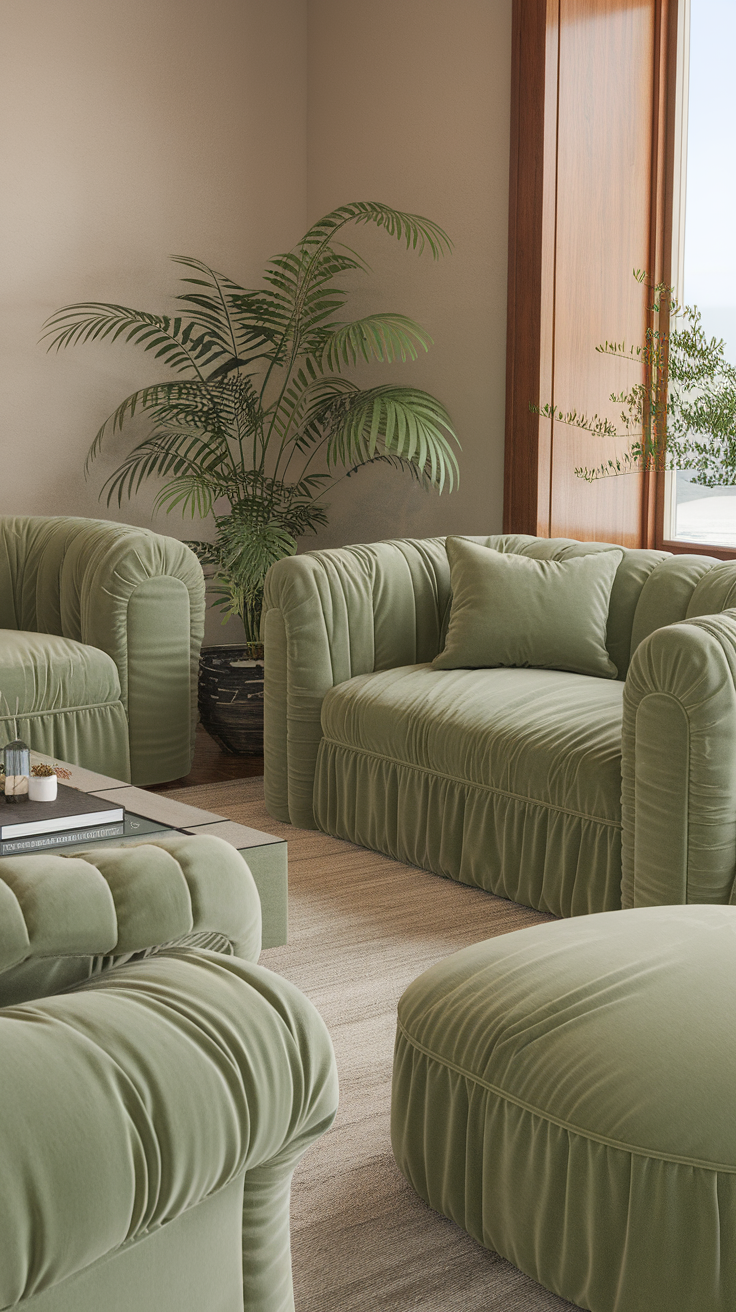 A cozy living room featuring sage green furniture and plants.