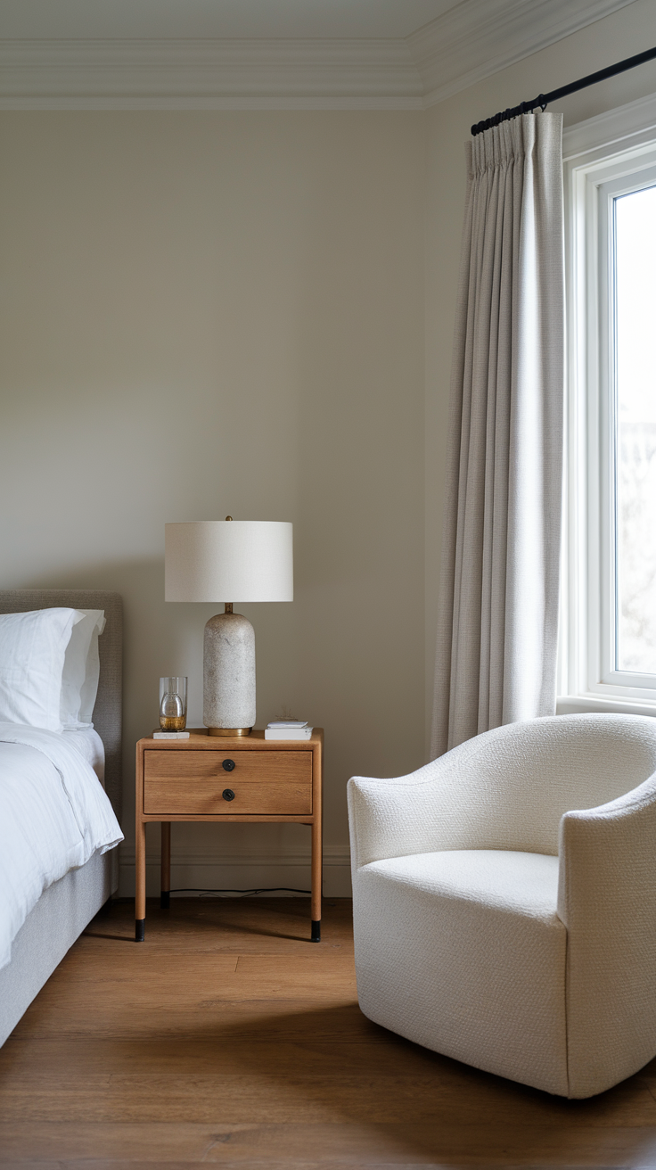 A minimalist bedroom featuring a cozy bed, a stylish nightstand with a lamp, and a comfortable chair near a window.