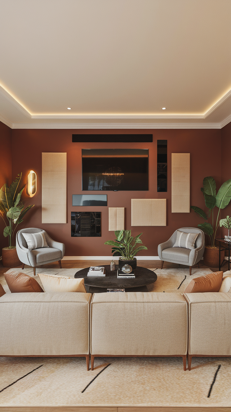 Modern living room with a TV mounted on an accent wall, stylish chairs, and decorative plants.