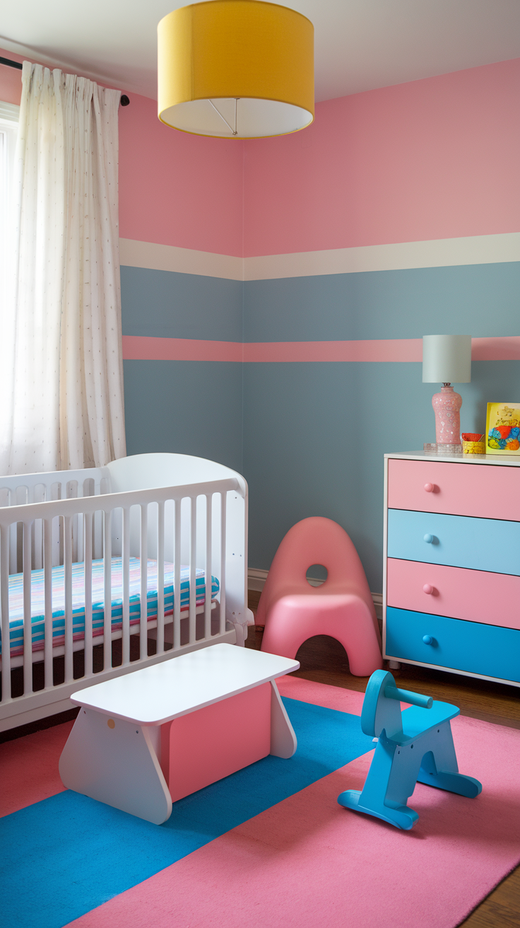 A toddler's bedroom featuring a crib, colorful furniture, and a playful atmosphere.