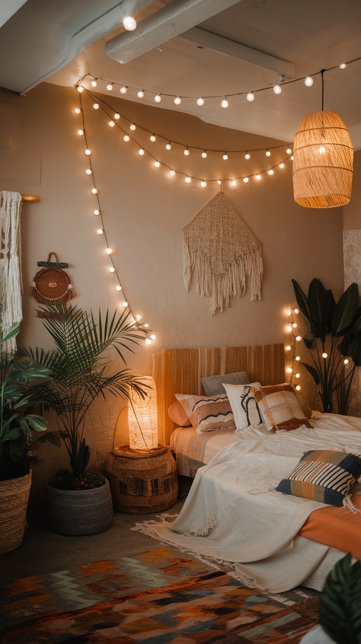 A cozy and minimalist bedroom with soft lighting, featuring string lights, rattan decor, and plants.