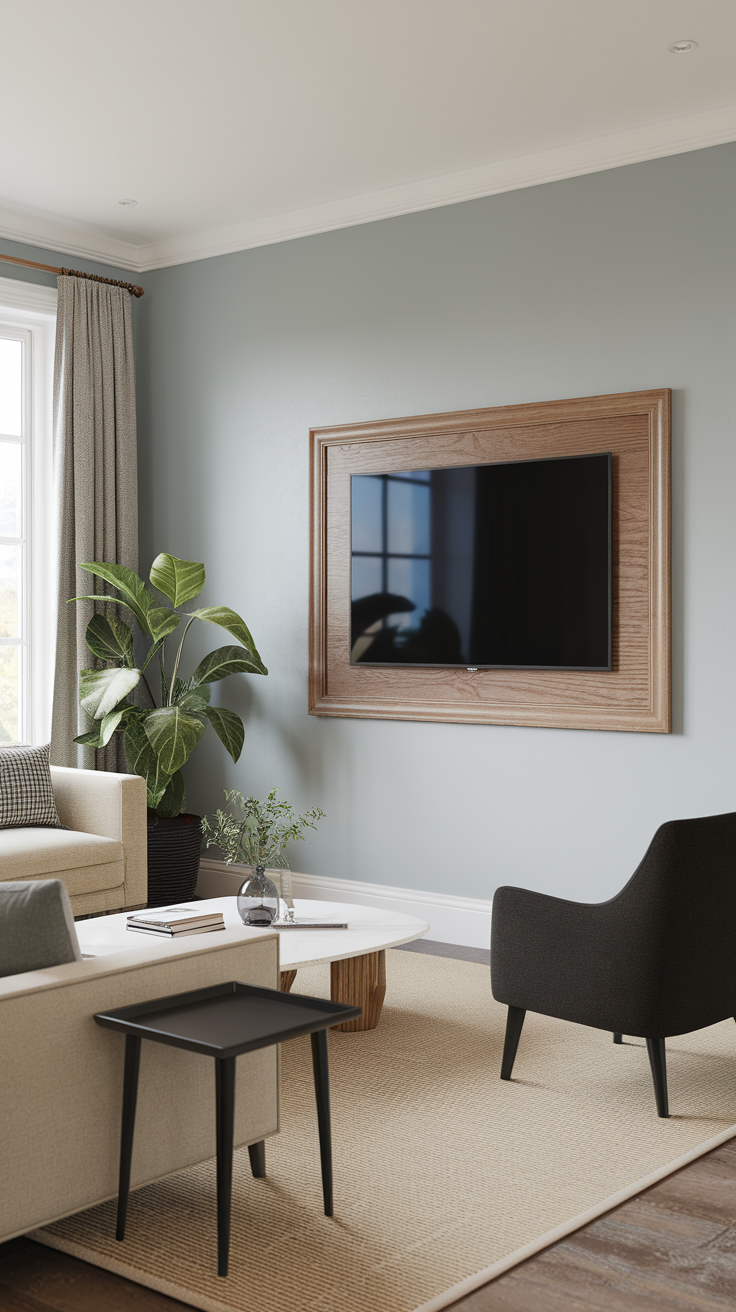 A living room with a framed TV on the wall, showcasing a stylish decor