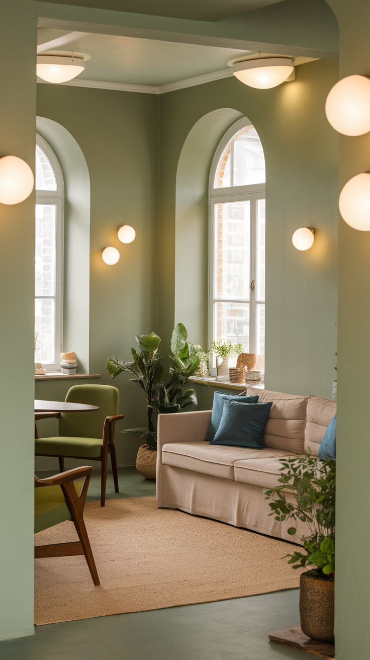 Cozy living room with sage green walls, natural light, and soft lighting fixtures.