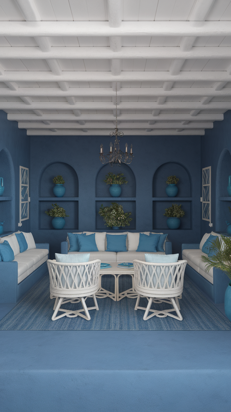 A serene living room featuring blue walls, white furniture, and Spanish style decorations.