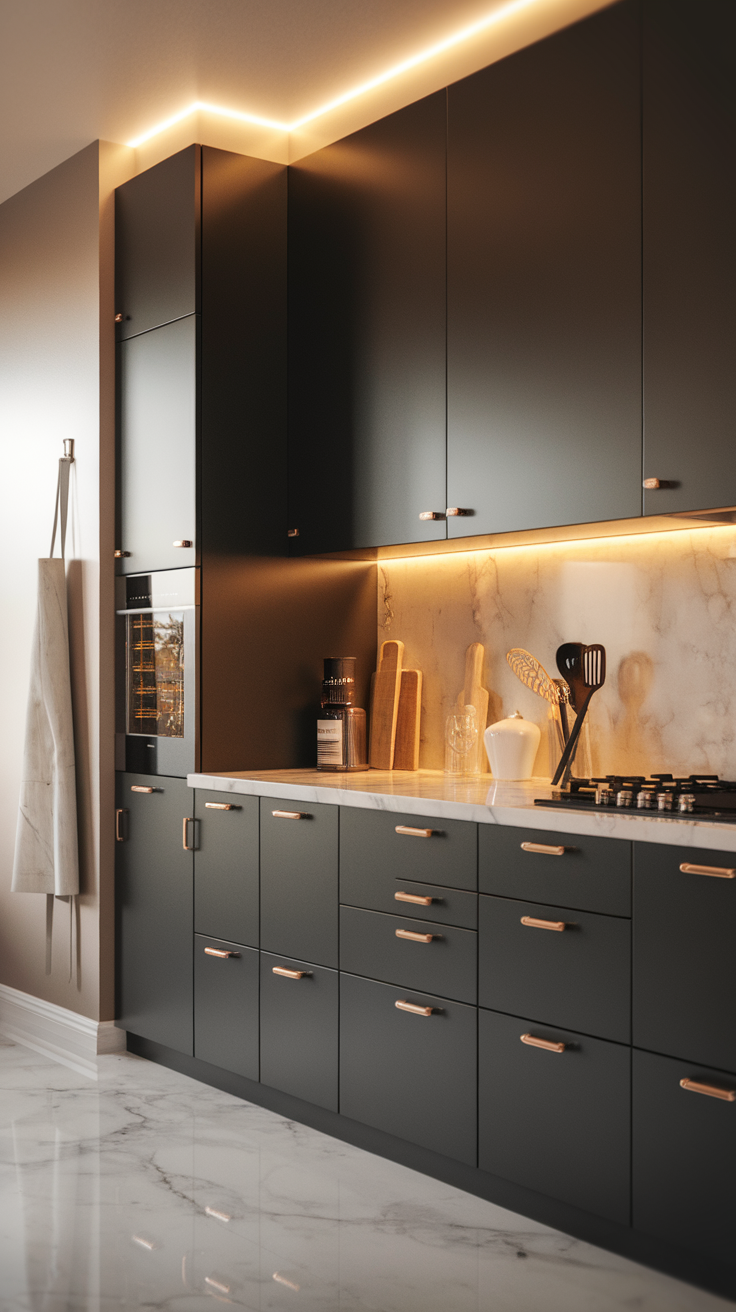 Modern kitchen with sleek black cabinets and brass accents