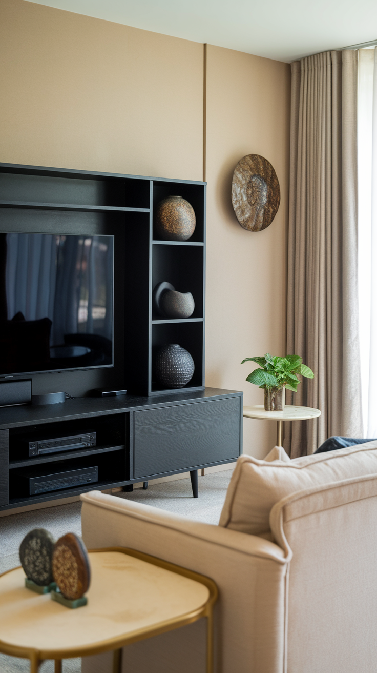 A sleek black entertainment center in a modern living room with beige walls and a white sofa.