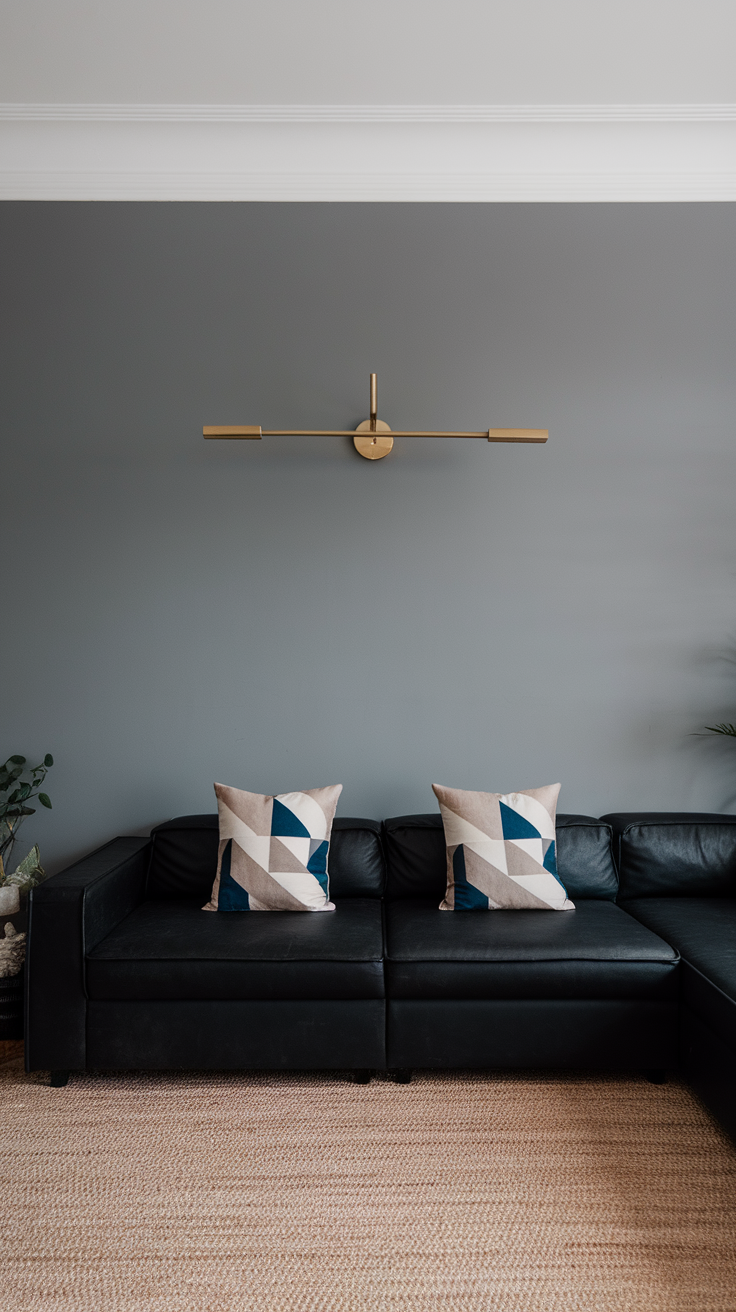 Modern living room featuring a sleek black sectional sofa against a dark accent wall.