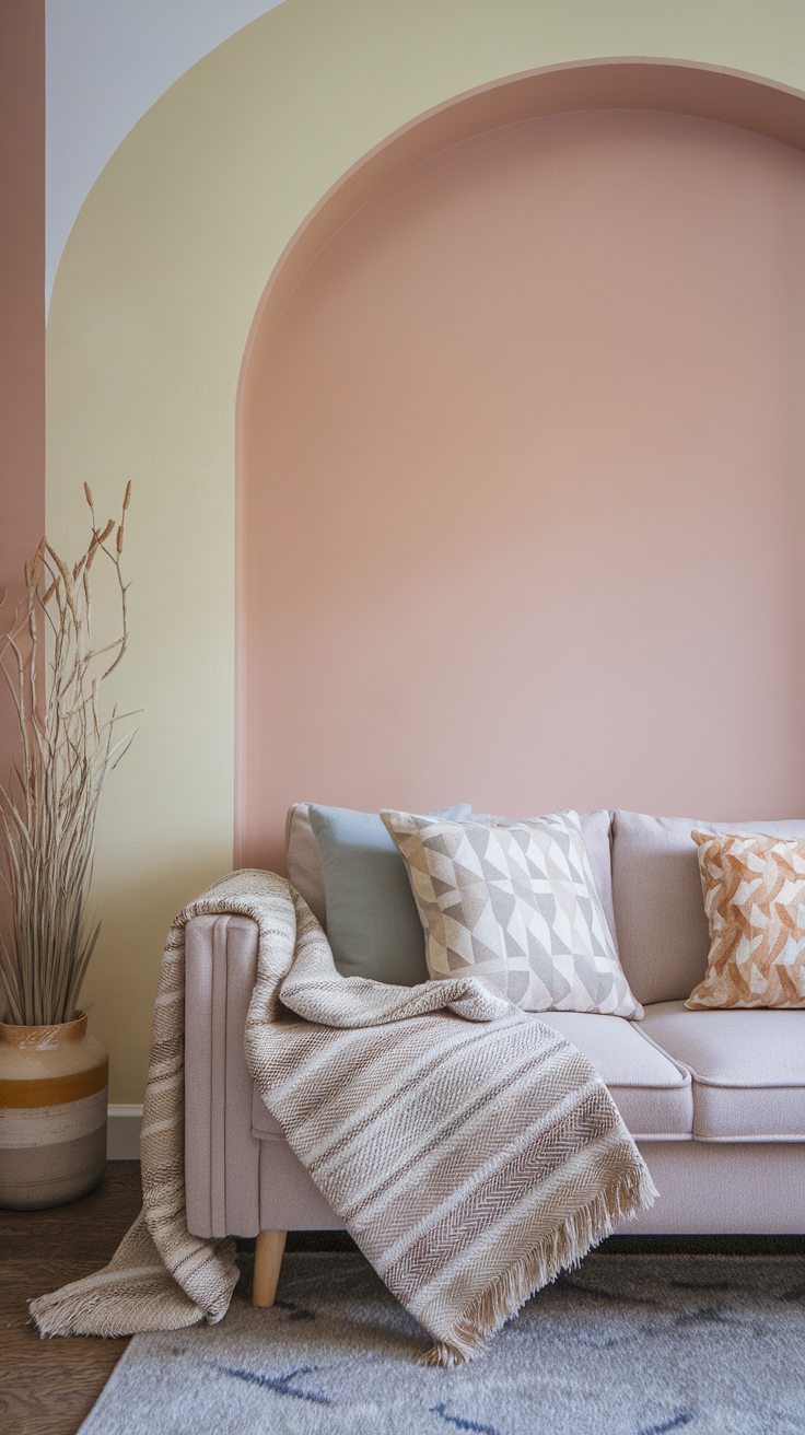 Cozy small living room with a pastel accent wall, comfy couch, and decorative pillows.