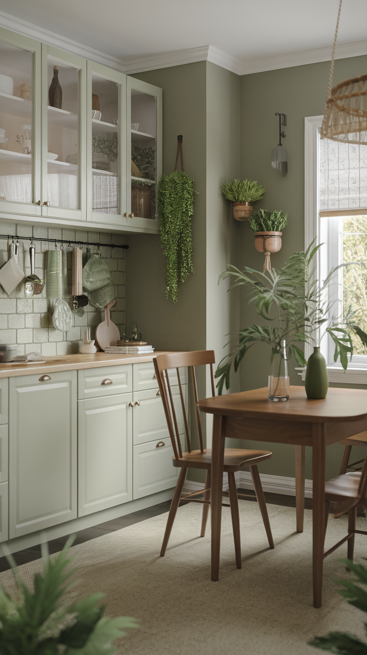 Cozy kitchen with sage green walls, wooden furniture, and plants