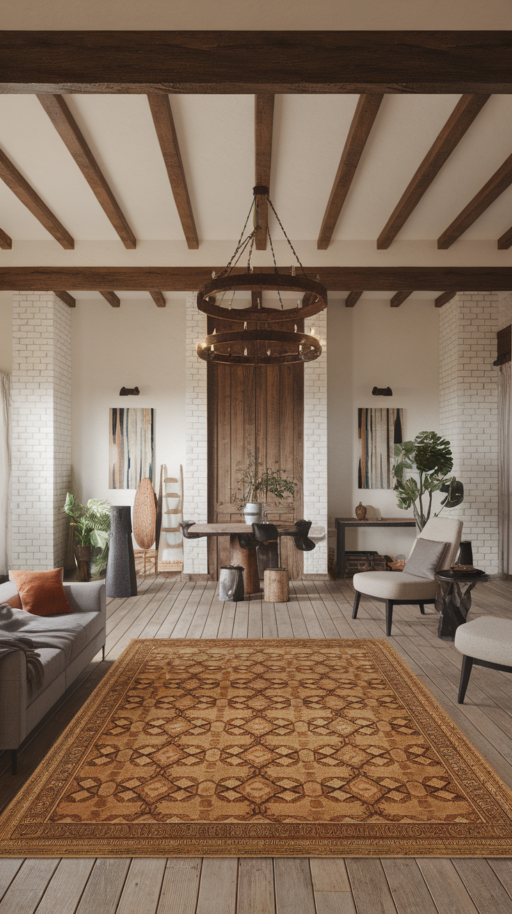 A living room featuring a decorative area rug with intricate patterns, wooden beams, and cozy seating.