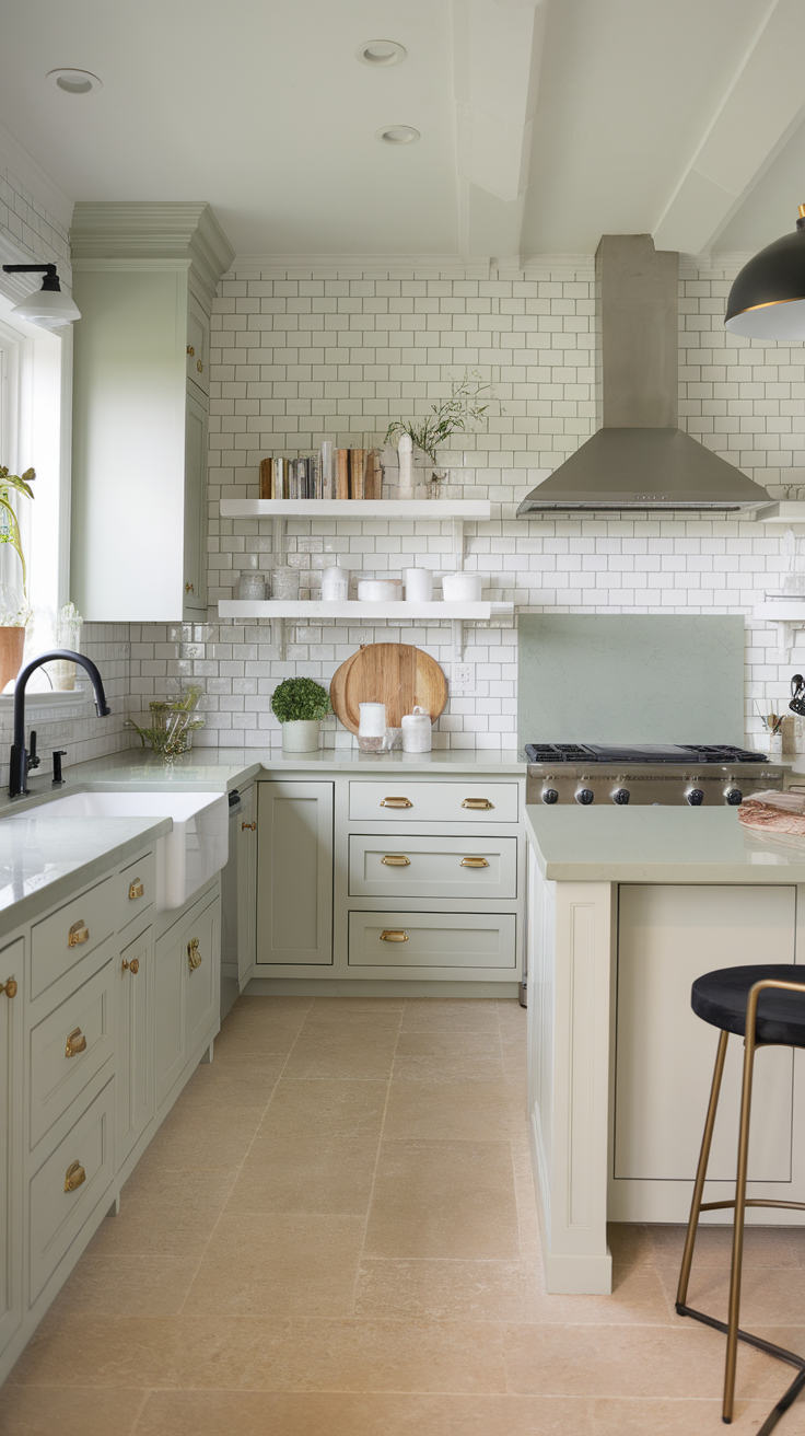 A chic kitchen featuring sage green countertops, white cabinetry, and a gas stove.