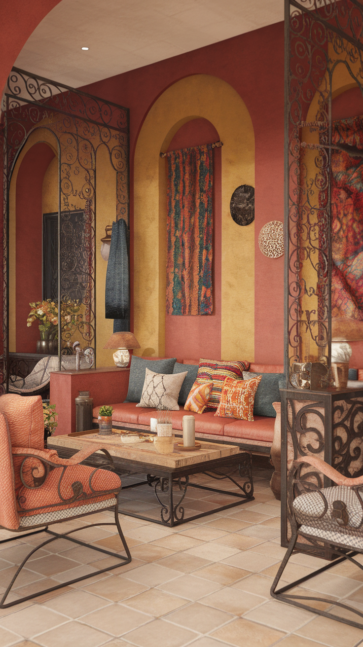 A cozy living room with Spanish Revival tones, featuring warm colors and intricate ironwork.