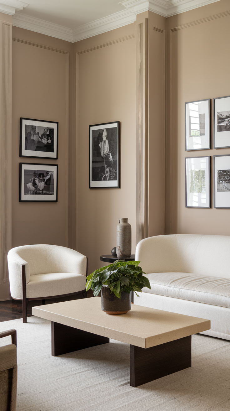 A beige and black and white living room featuring minimalist furniture and striking black and white photographs on the walls.