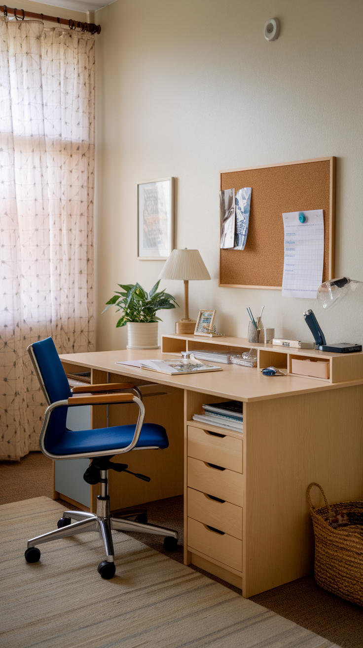 A student-friendly desk in a dorm room featuring ample workspace, a comfortable chair, and organized supplies.