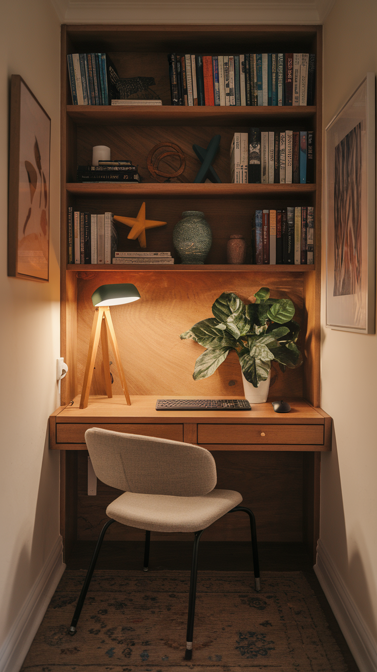 Cozy study nook with soft lighting, plants, and comfortable seating.