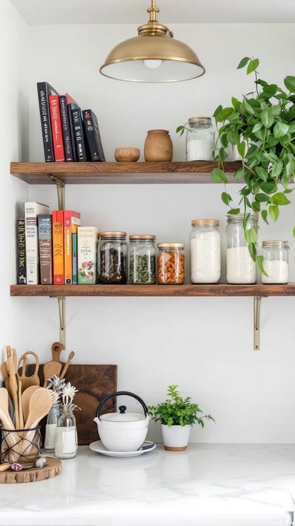 Stylish open kitchen shelves with books, jars, and plants