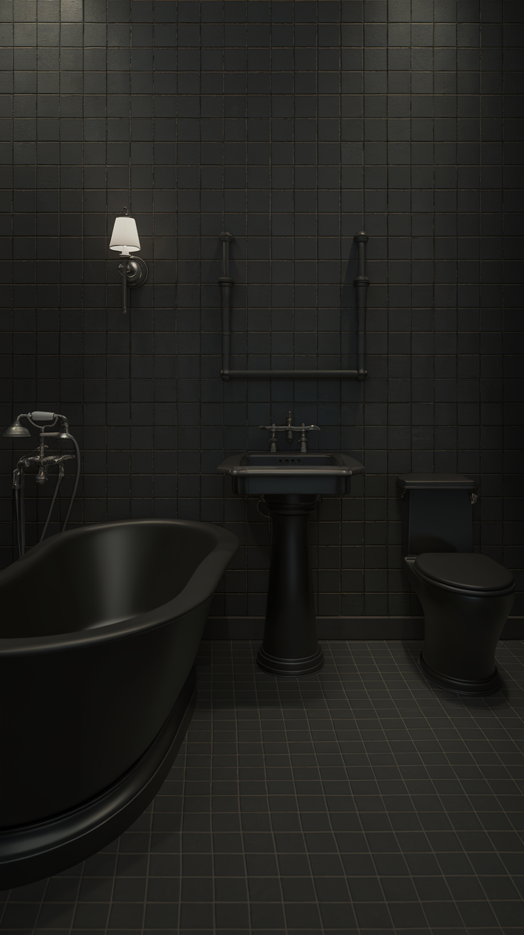 A stylish dark colour bathroom featuring a freestanding bathtub, a sink, and a toilet, all in dark tones with elegant fixtures.