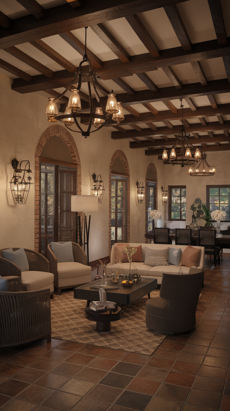 Stylish lighting fixtures in a Spanish style living room