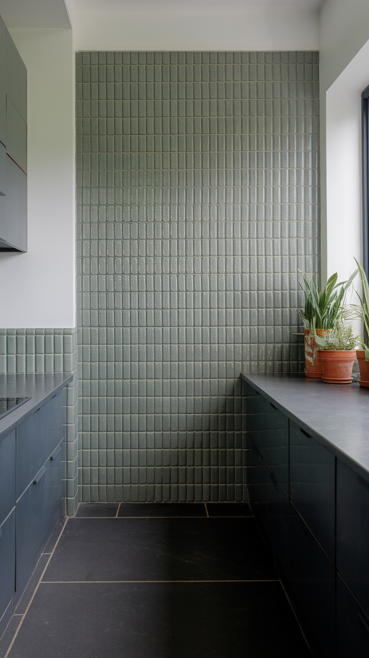 Stylish kitchen with sage green backsplash and wooden cabinets