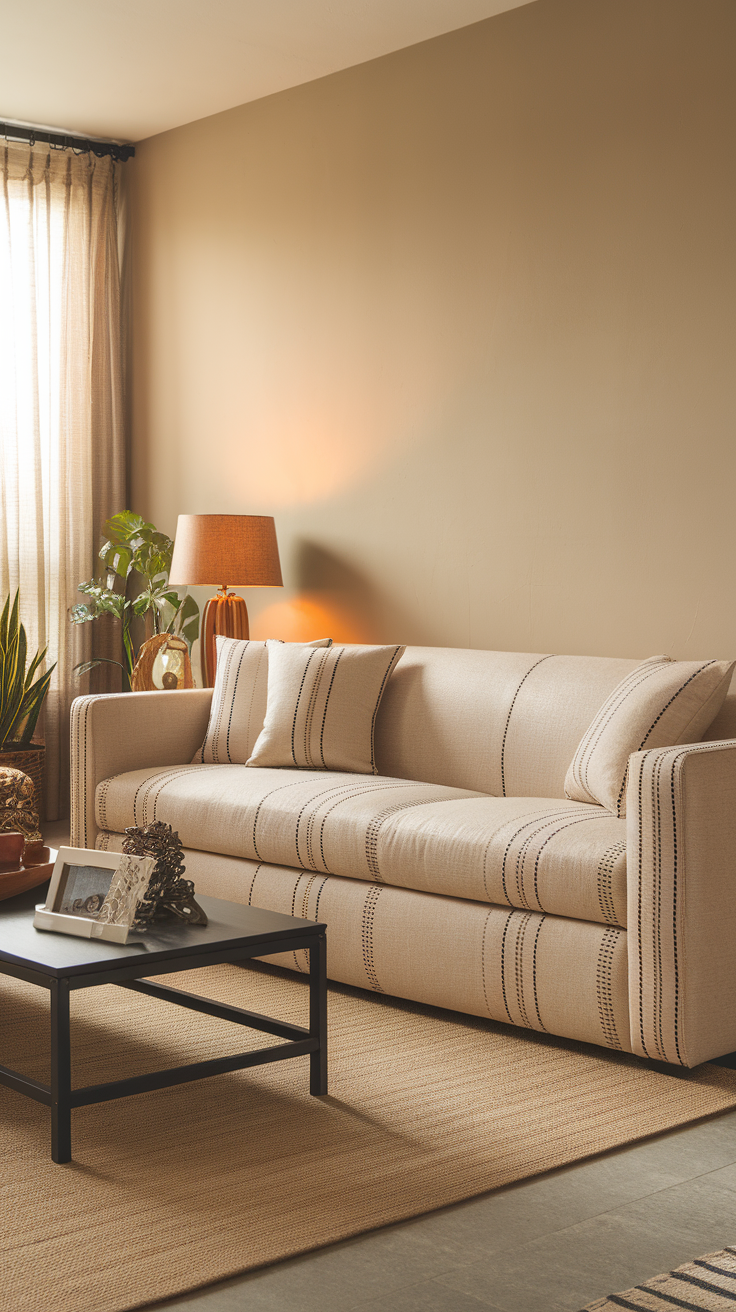 A warm living room with a beige sofa and black coffee table, featuring soft light and plants.