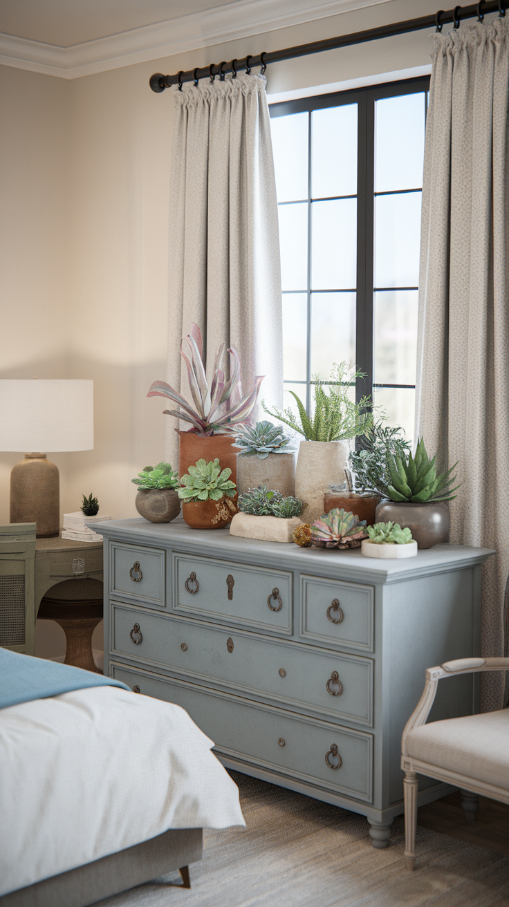 A cozy bedroom with a dresser adorned with various succulent plants in different pots.