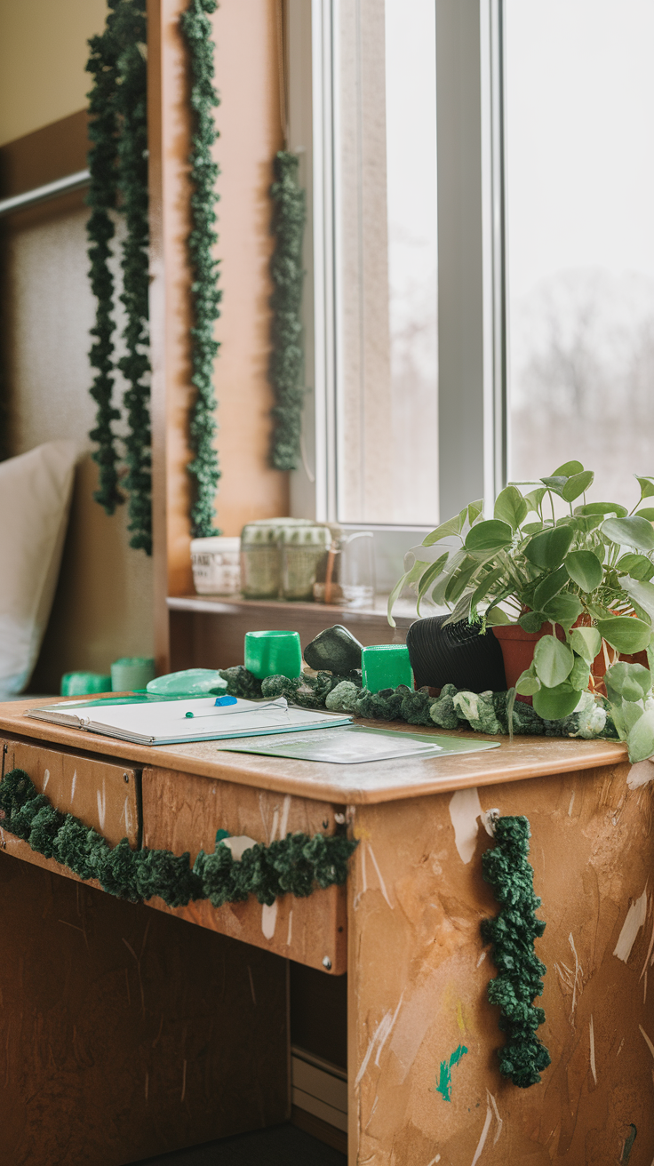 A cozy desk with recycled materials, adorned with green plant and decorative items, capturing a sustainable aesthetic.