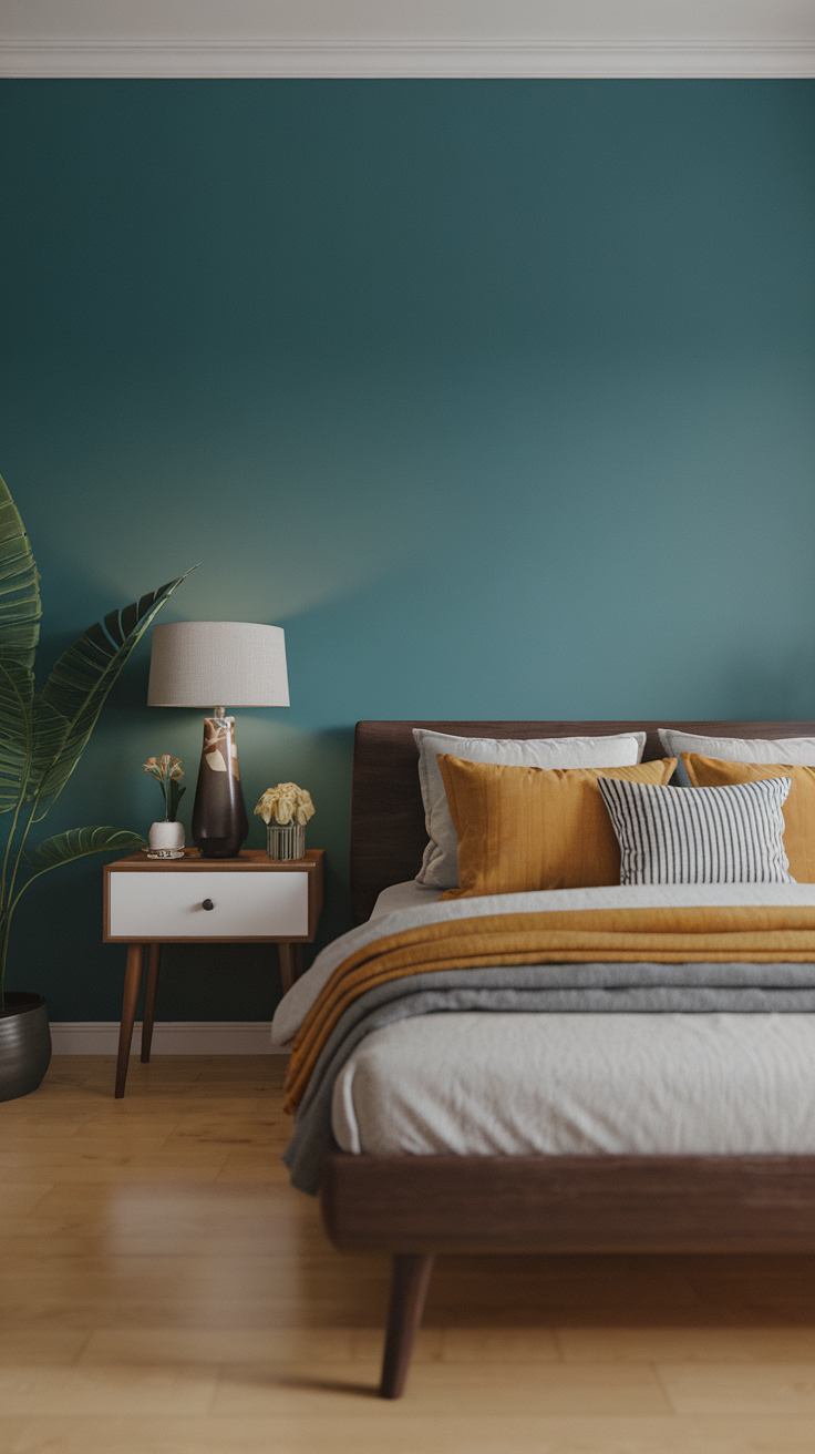 Cozy bedroom with teal accent wall, stylish bedding, and warm decor