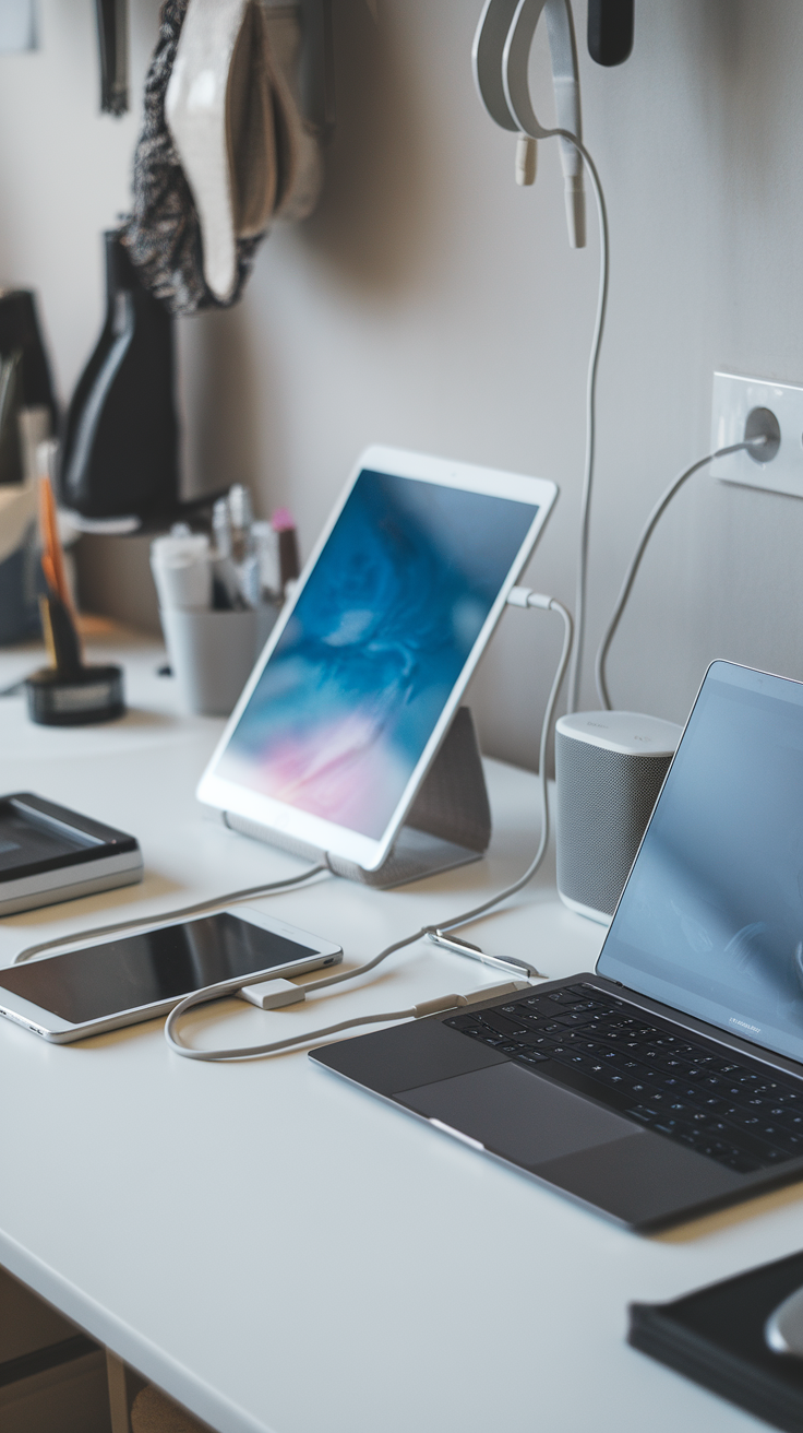 A stylish desk setup with a laptop, mouse, keyboard, and organized cable management in a bright room.