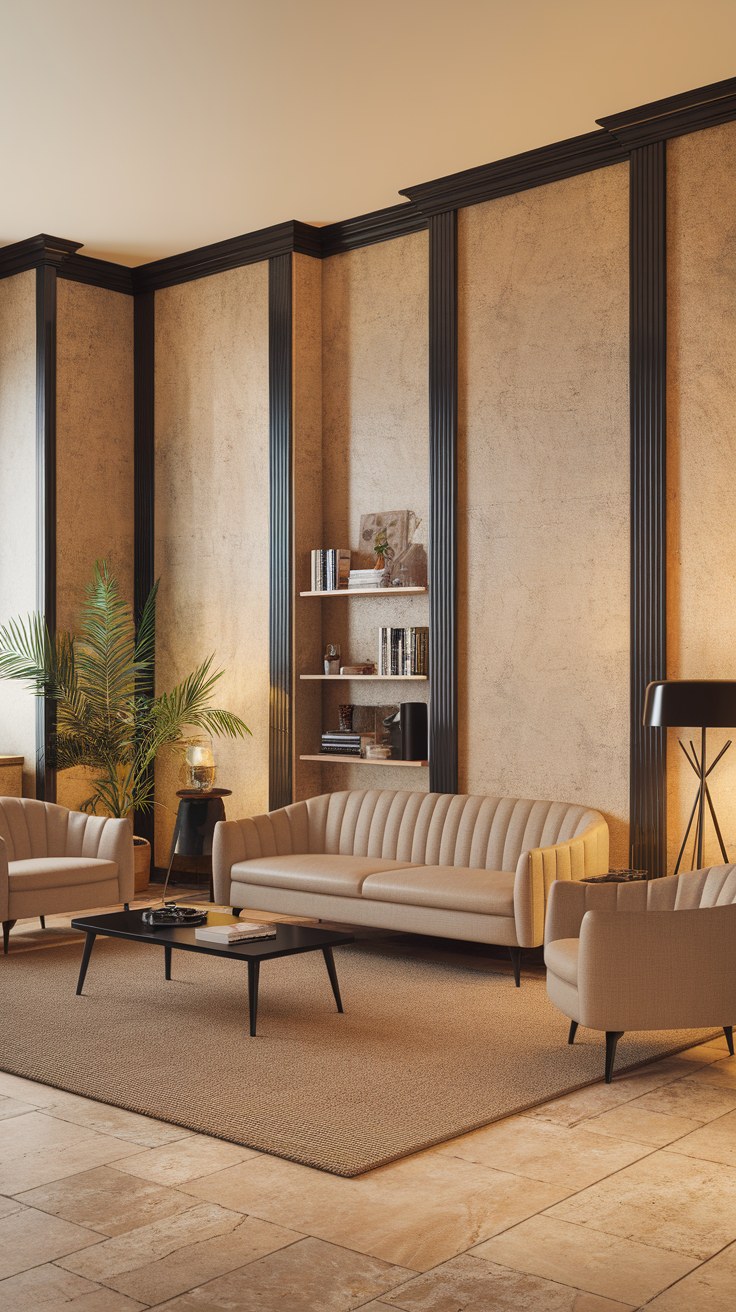 A stylish living room with textured beige walls and black molding, featuring beige furniture and a cozy atmosphere.