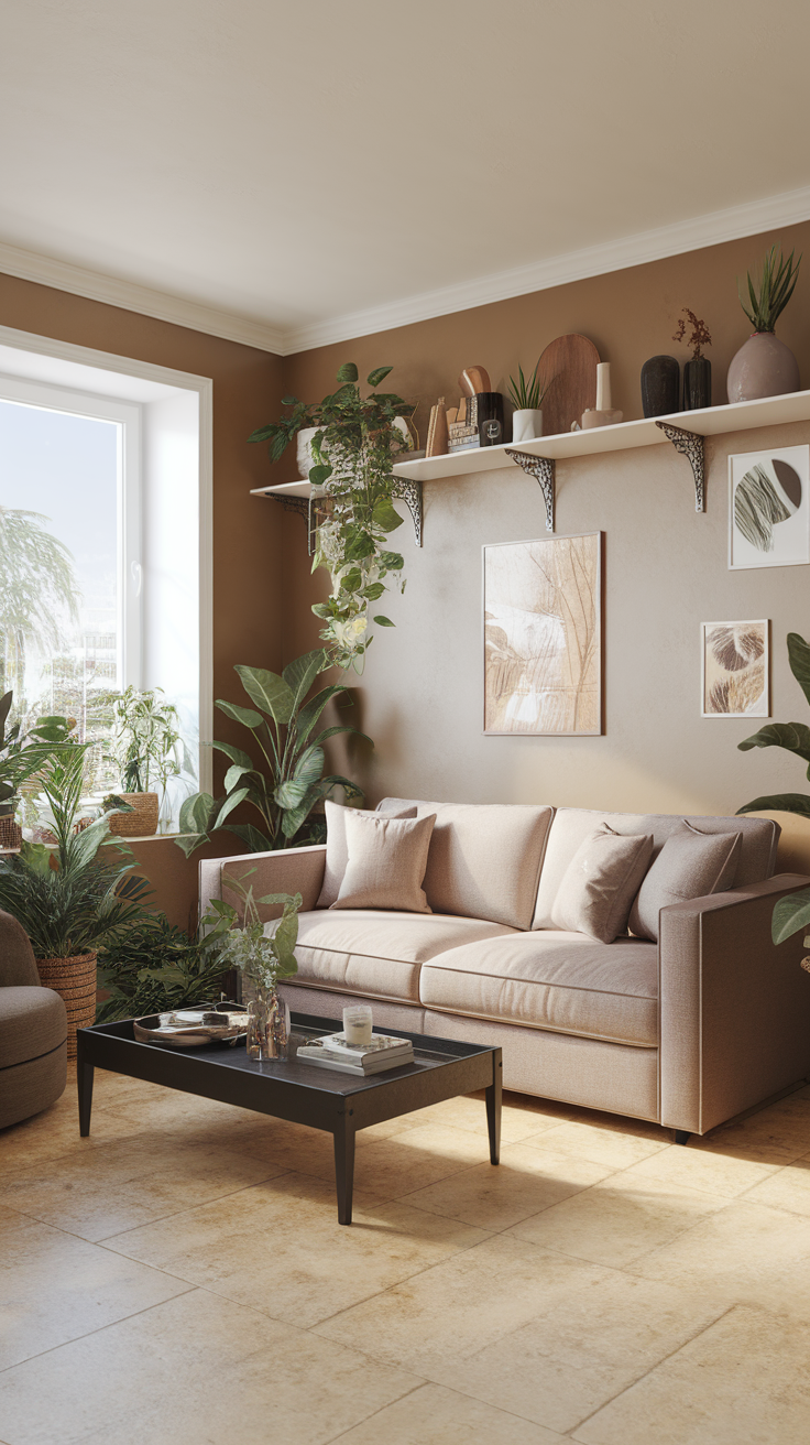 Cozy living room with beige sofa, plants, and decorative elements.