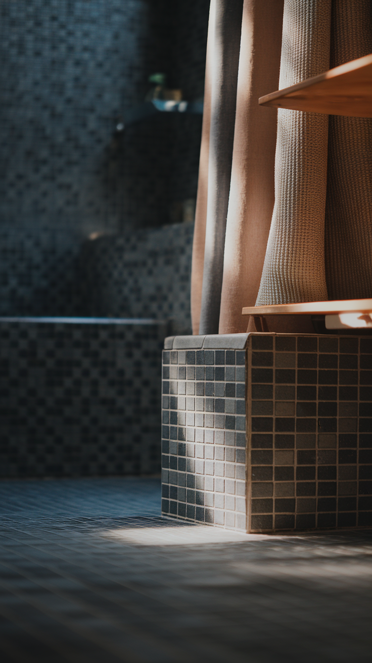 A modern dark color bathroom with textured curtains and tiled surfaces, showcasing light and shadow interplay.