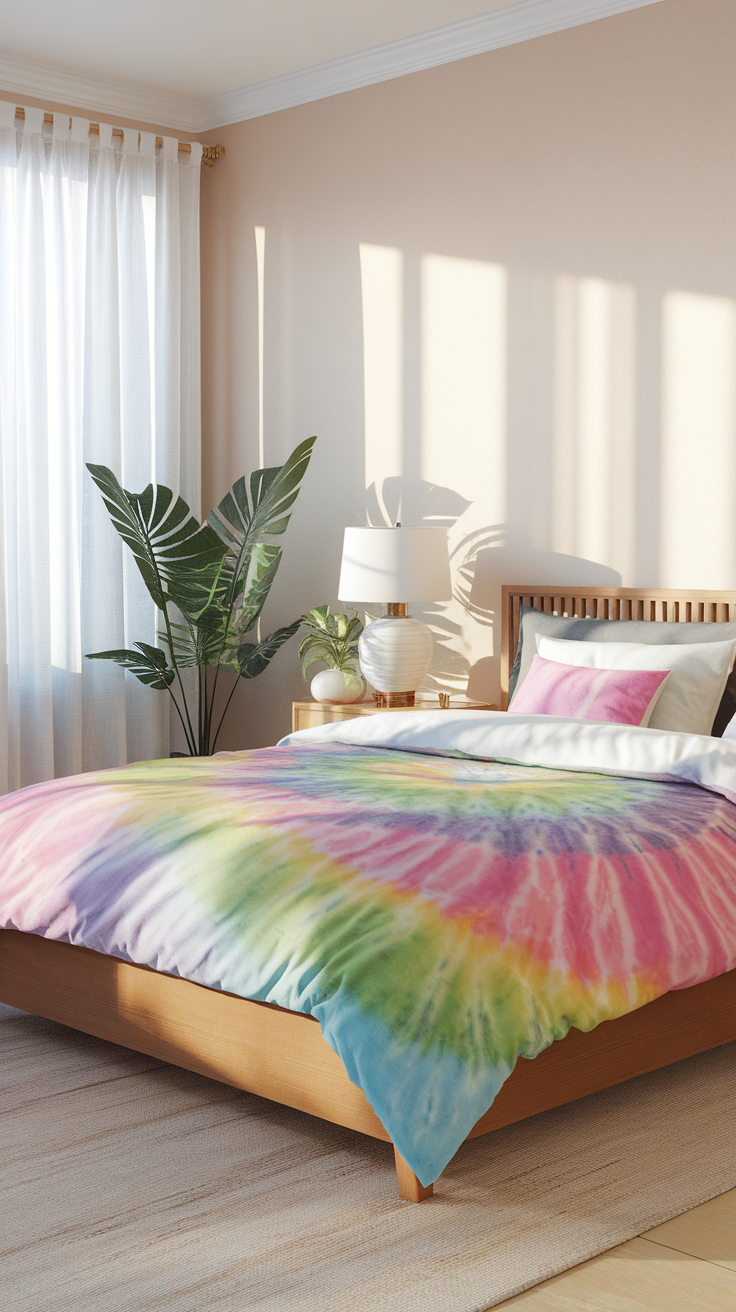 A colorful tie-dye bedspread on a wooden bed, with soft pillows and a lamp beside a plant in a bright bedroom.