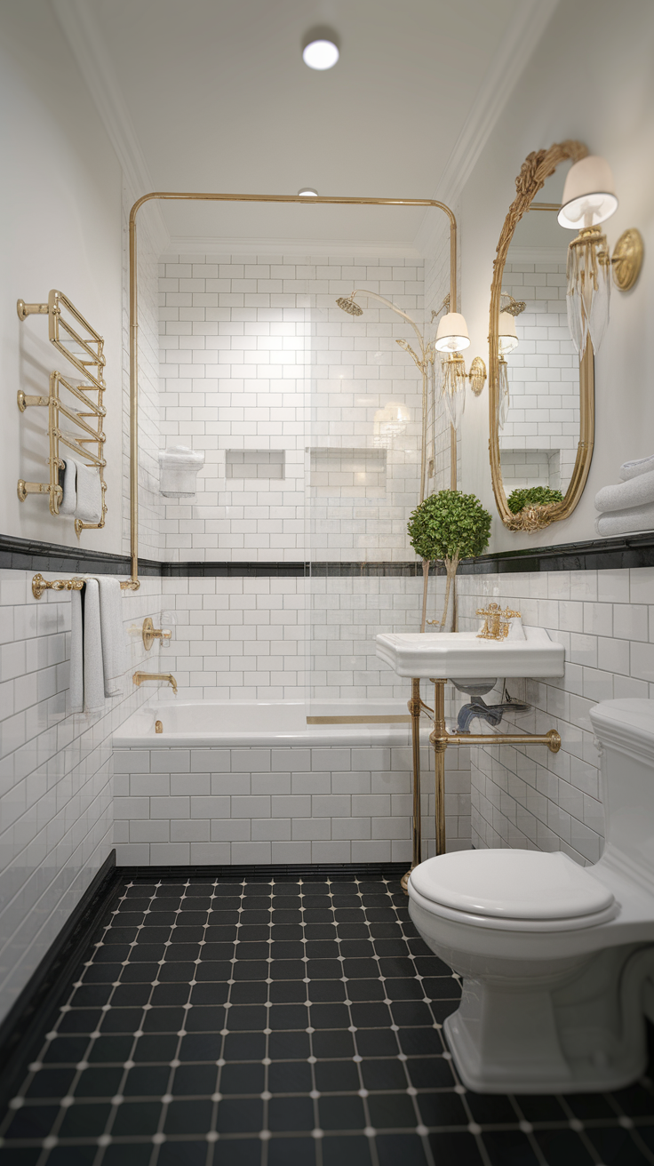 Stylish black and white bathroom with gold accents