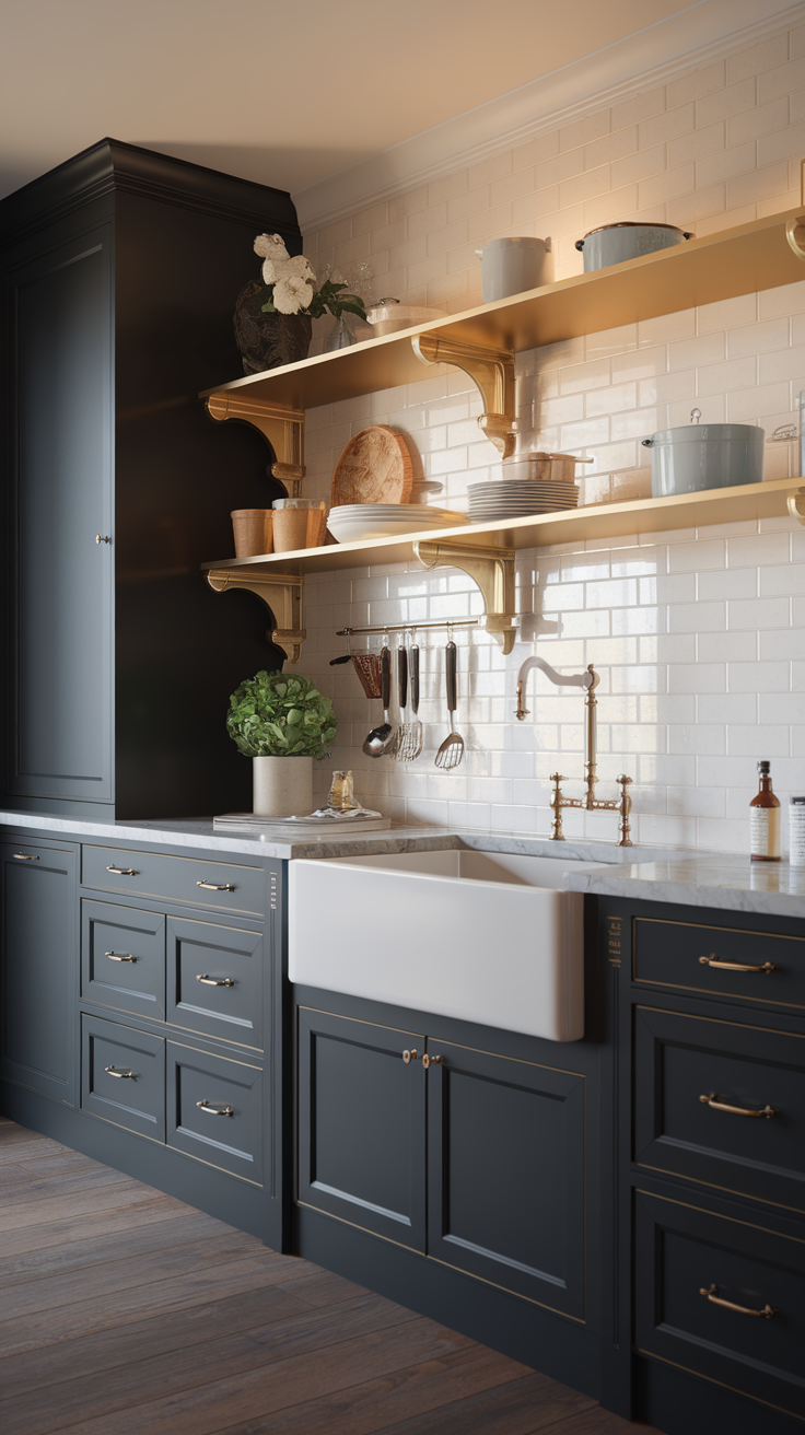 A modern kitchen featuring black cabinetry and gold accents, with open shelving displaying dishware.