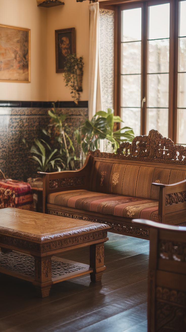 A traditional Spanish living room featuring intricate wooden furniture with carvings, including a sofa and a coffee table, surrounded by plants and natural light.