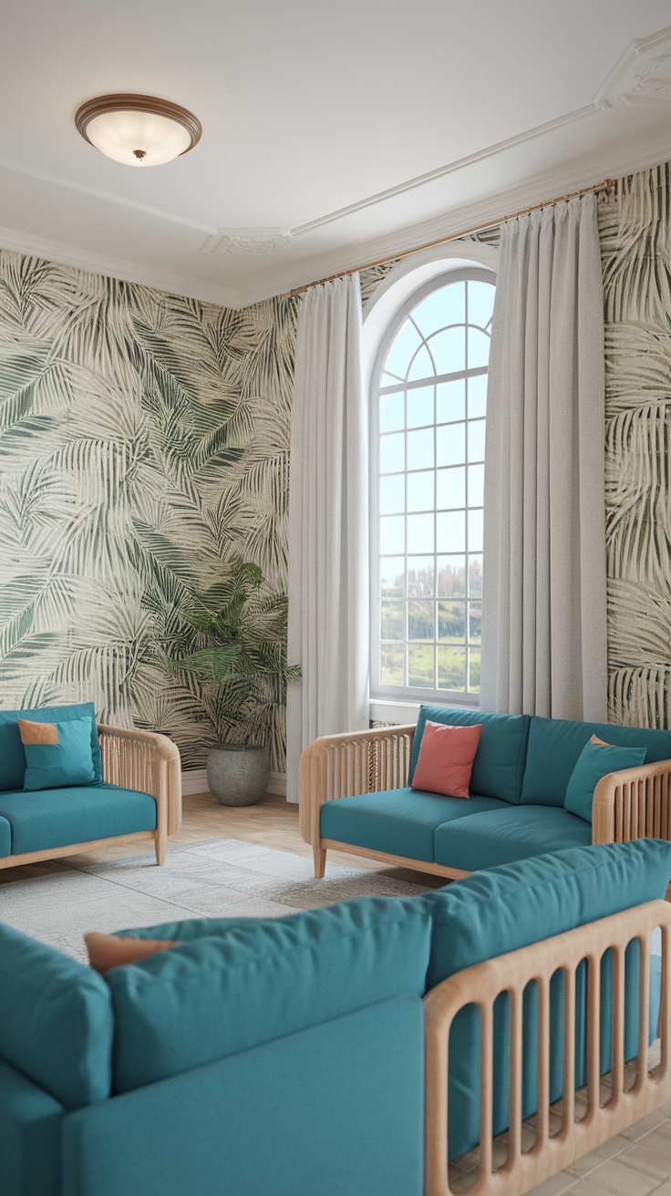 A bright living room with tropical wallpaper, aqua sofas, and a large window.