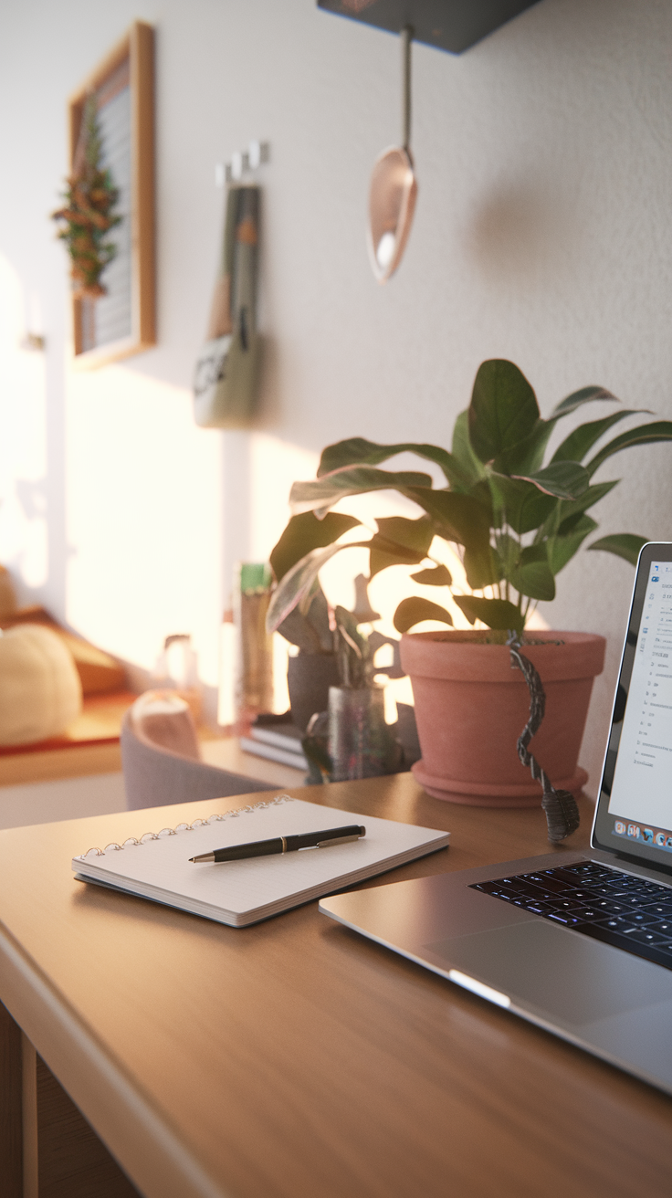 A stylish dorm room desk featuring a laptop, a notebook with a pen, and a potted plant, illuminated by warm sunlight.