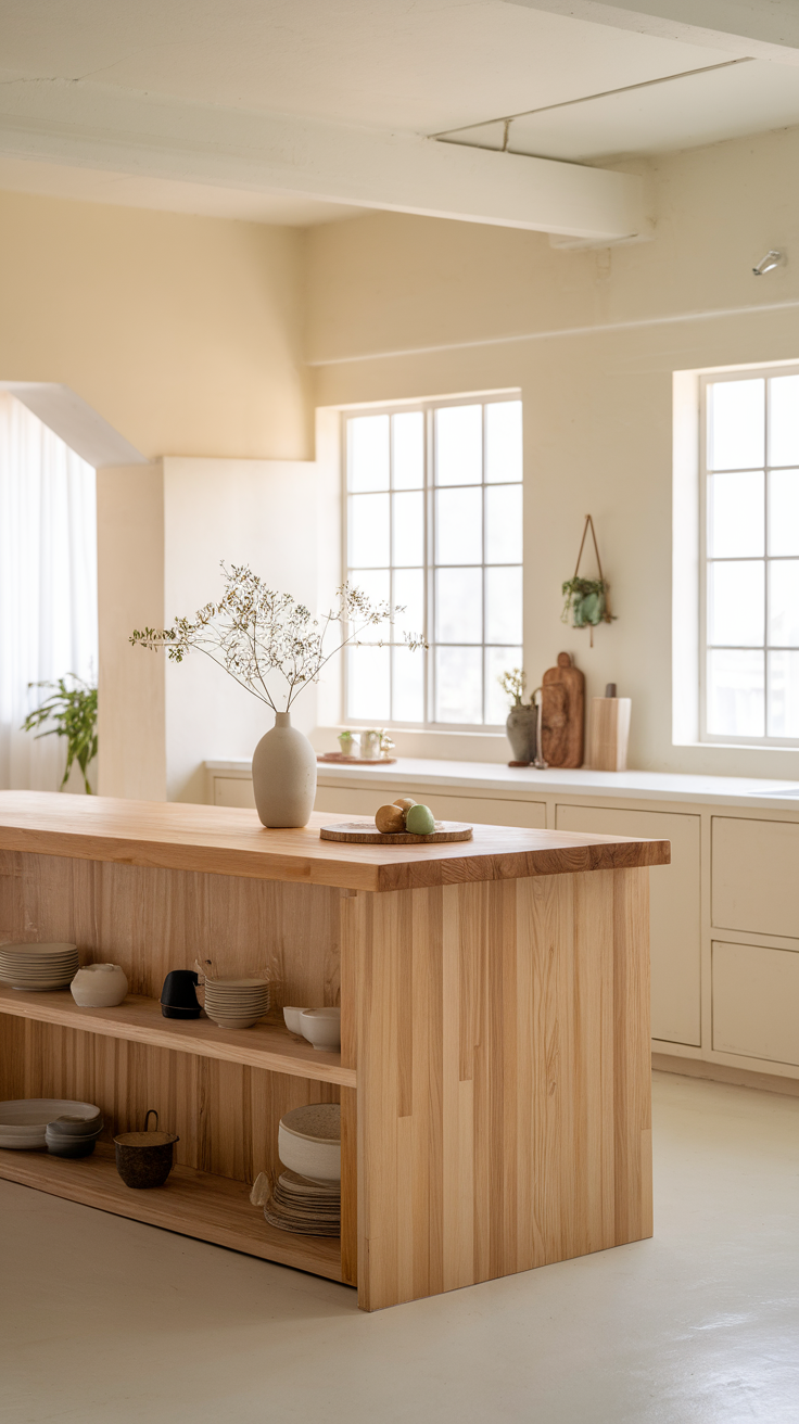 A minimalist kitchen featuring a wooden island with simple decor and natural light.