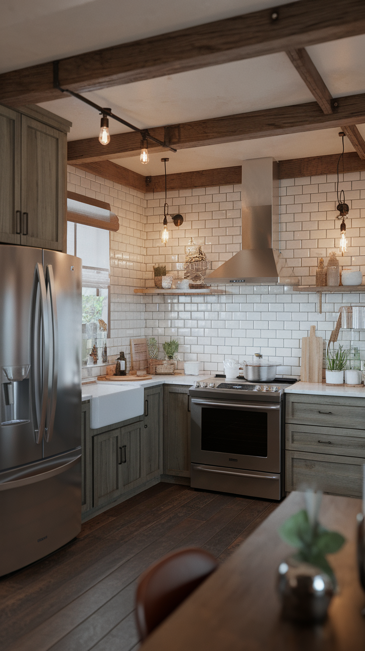 A modern rustic kitchen featuring wooden beams, soft cabinetry, and stainless steel appliances.