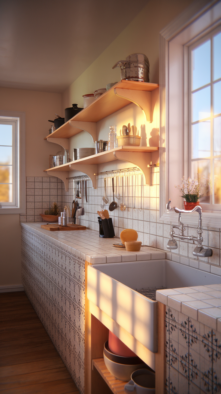 A cozy kitchen with unique tile countertops and wooden shelves, bathed in warm sunlight.