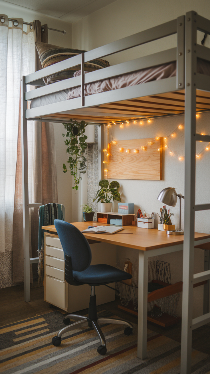 A stylish dorm room with a lofted bed above a desk, featuring plants, fairy lights, and organized storage.