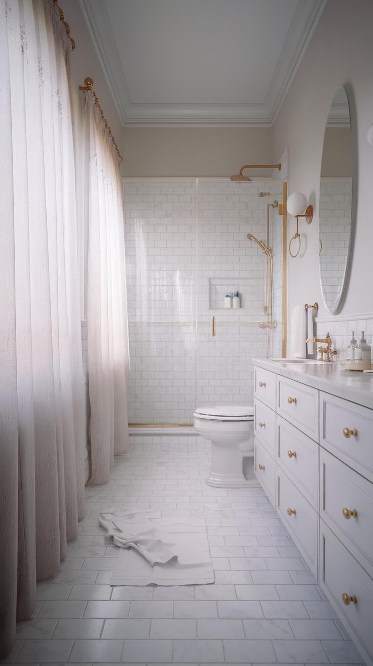 A modern bathroom featuring white tiles, gold fixtures, and soft light from curtains.