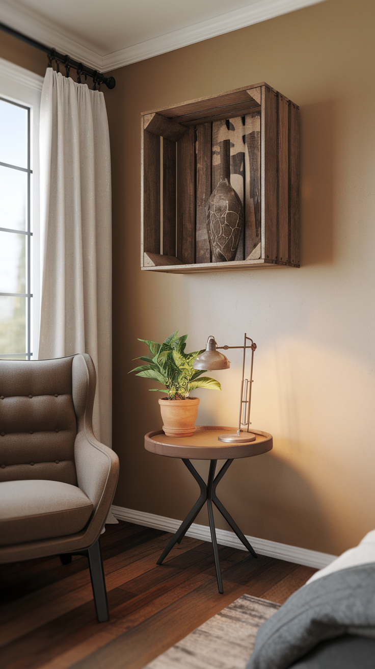 A cozy corner featuring upcycled decor, including a wooden crate shelf with a vase, a table lamp, and a potted plant next to an armchair.