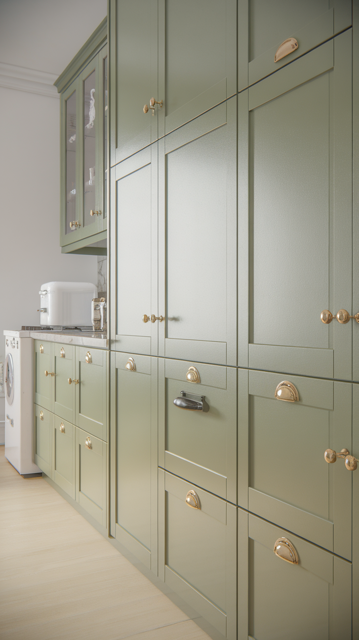 Chic kitchen with sage green cabinetry and gold hardware