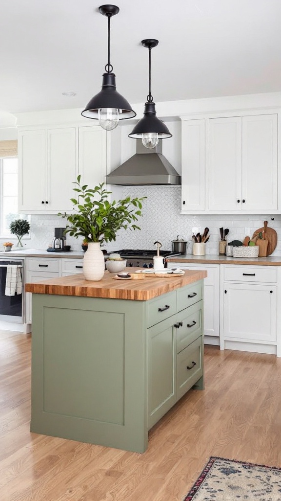 A stylish kitchen with a sage green island and wooden countertop.