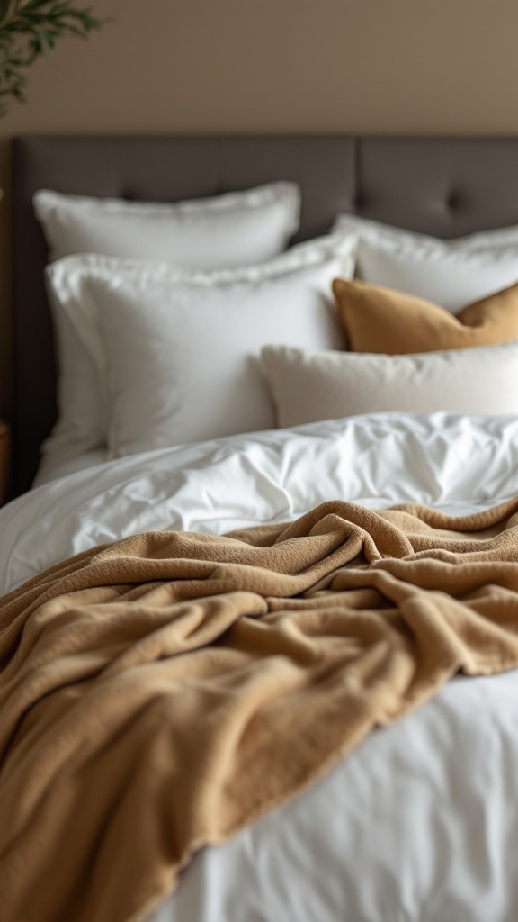 Close-up of a stylish bed with white and beige bedding