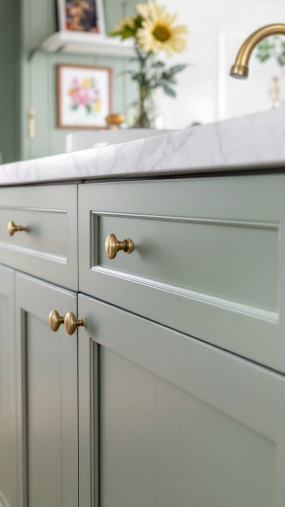 Close-up of green kitchen cabinets with stylish gold hardware.